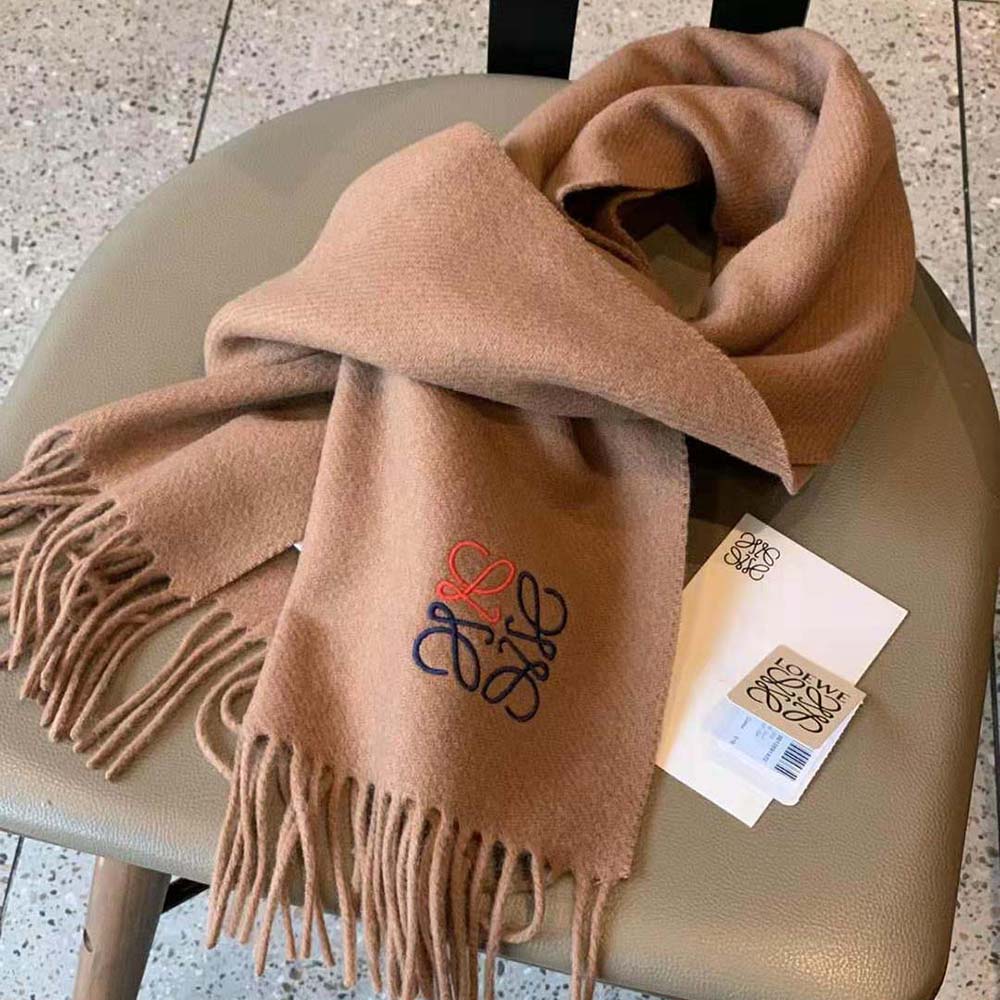Side angle showing texture and drape of Loewe Women Anagram Scarf