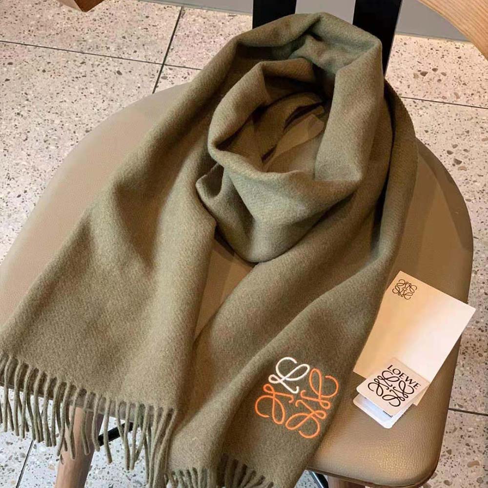 Loewe Women Anagram Scarf in Dark Green fully draped on mannequin