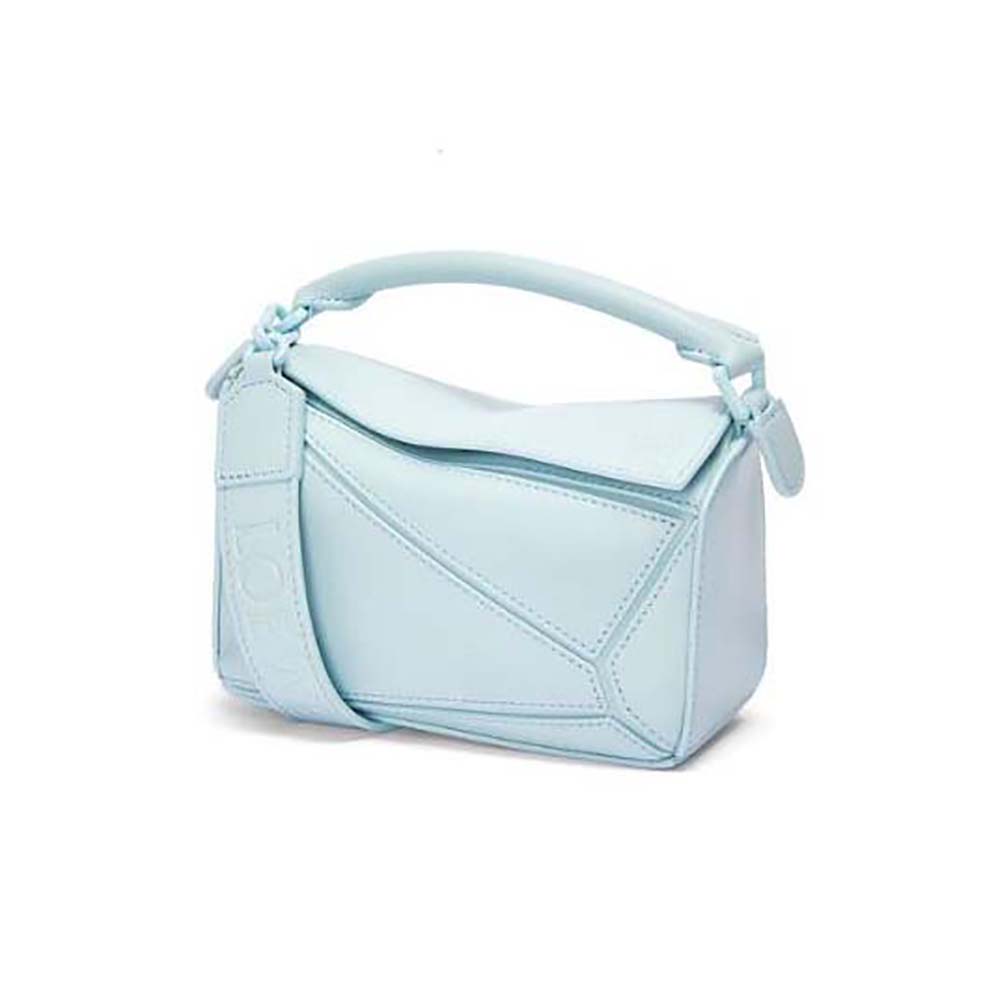 Front view of Loewe Women Mini Puzzle Bag in Satin Calfskin-Blue