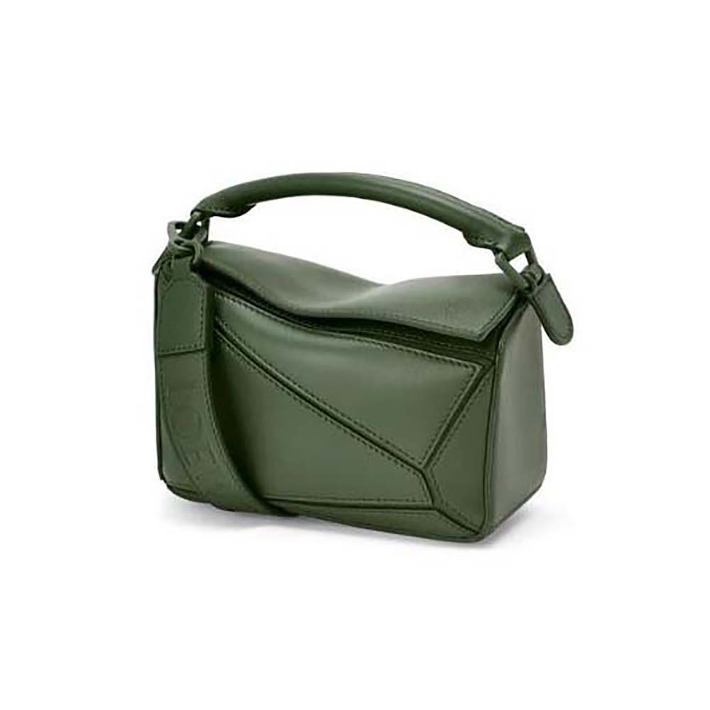 Front view of Loewe Women Mini Puzzle Bag in Satin Calfskin-Green