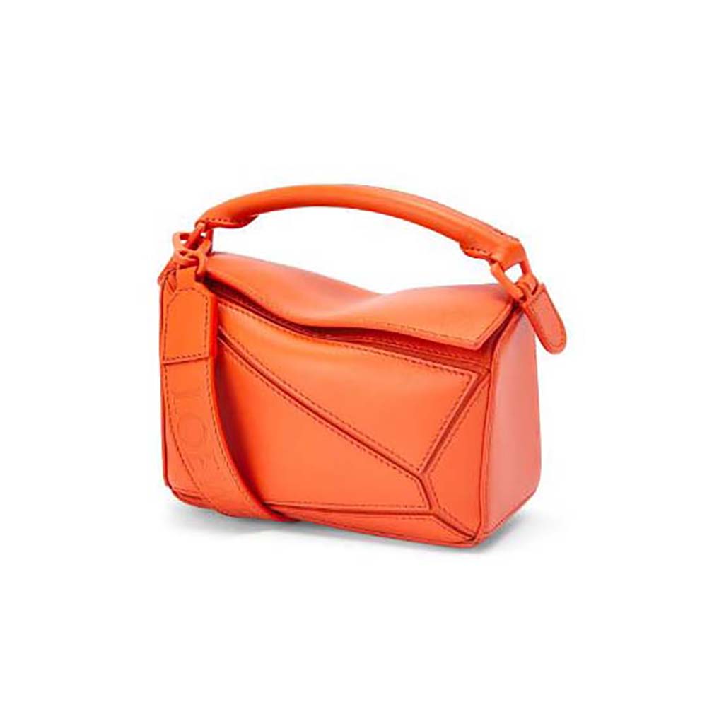 Front view of Loewe Women Mini Puzzle Bag in Satin Calfskin-Orange