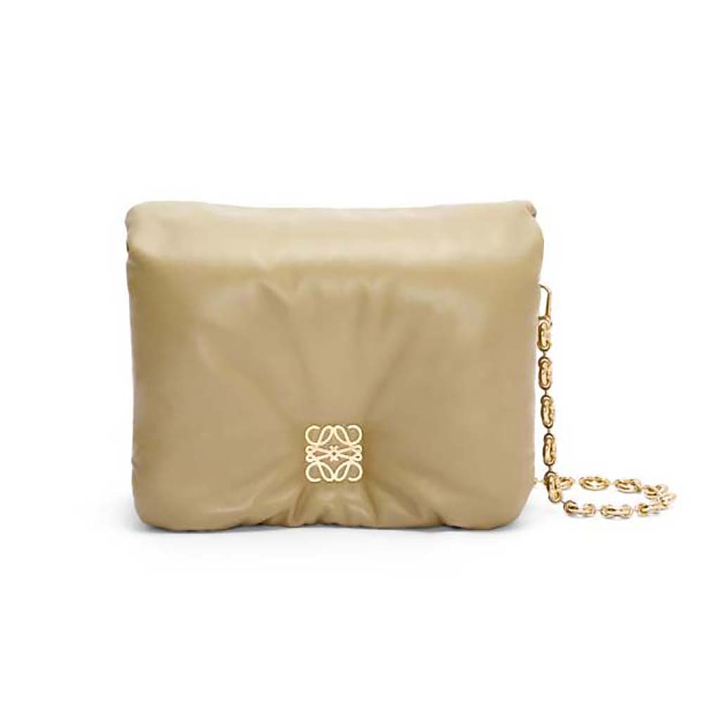 Front view of Loewe Women Puffer Goya Bag in shiny green lambskin