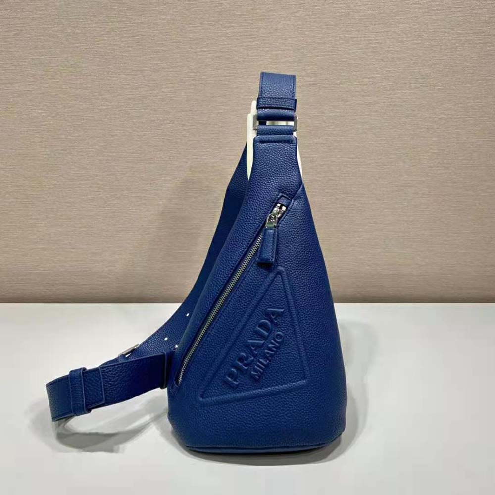 Close-up of silver-tone hardware on Prada Men Cross Leather Bag navy