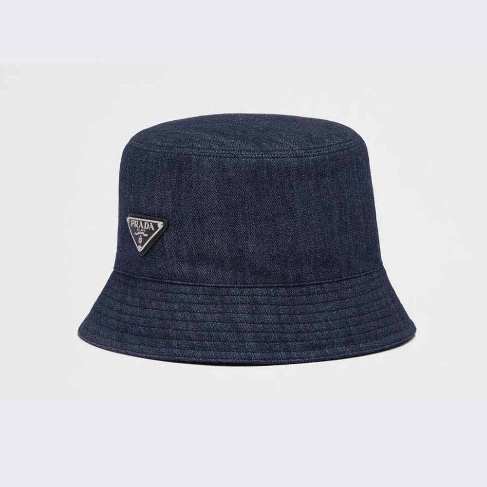 Front view Prada Women Denim Bucket Hat-Navy with logo detail