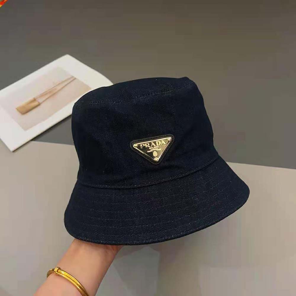 Close-up of Prada triangular logo on Women Denim Bucket Hat-Navy