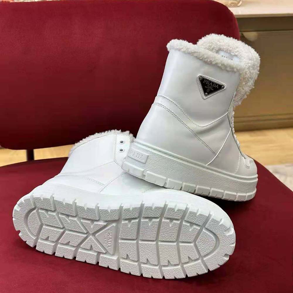Prada Women Leather and Shearling High-Top Sneakers-White - image 6