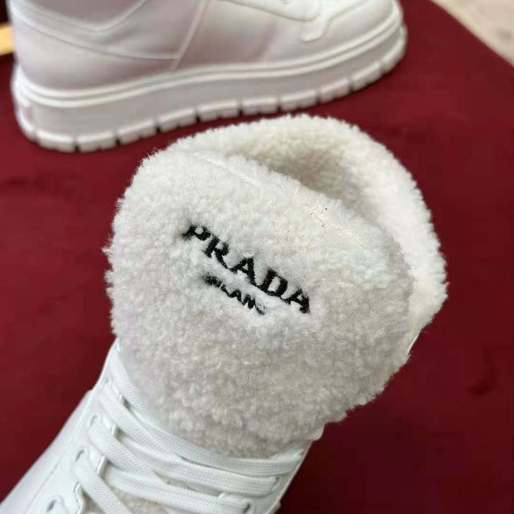 Prada Women Leather and Shearling High-Top Sneakers-White - image 9