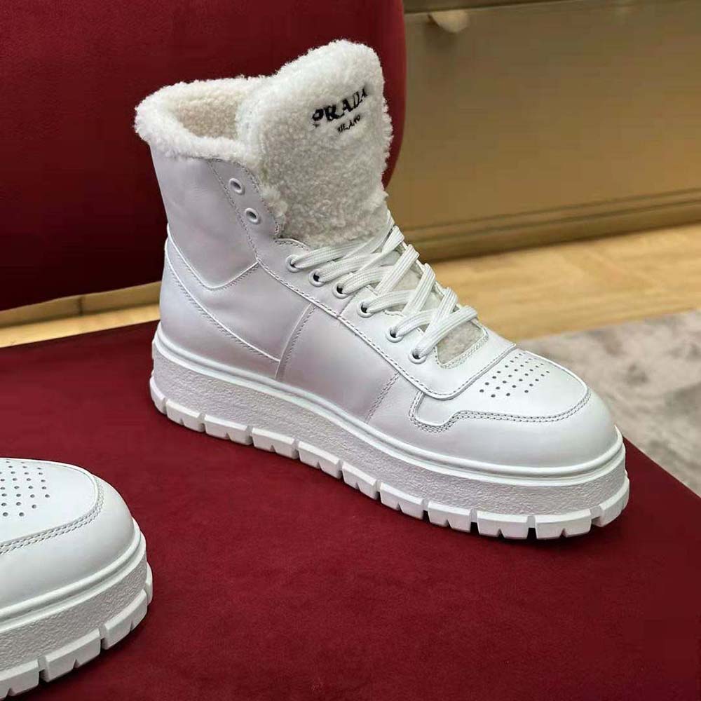 Prada Women Leather and Shearling High-Top Sneakers-White - image 5