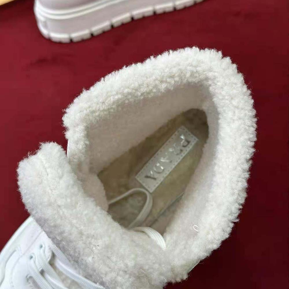 Prada Women Leather and Shearling High-Top Sneakers-White - image 8