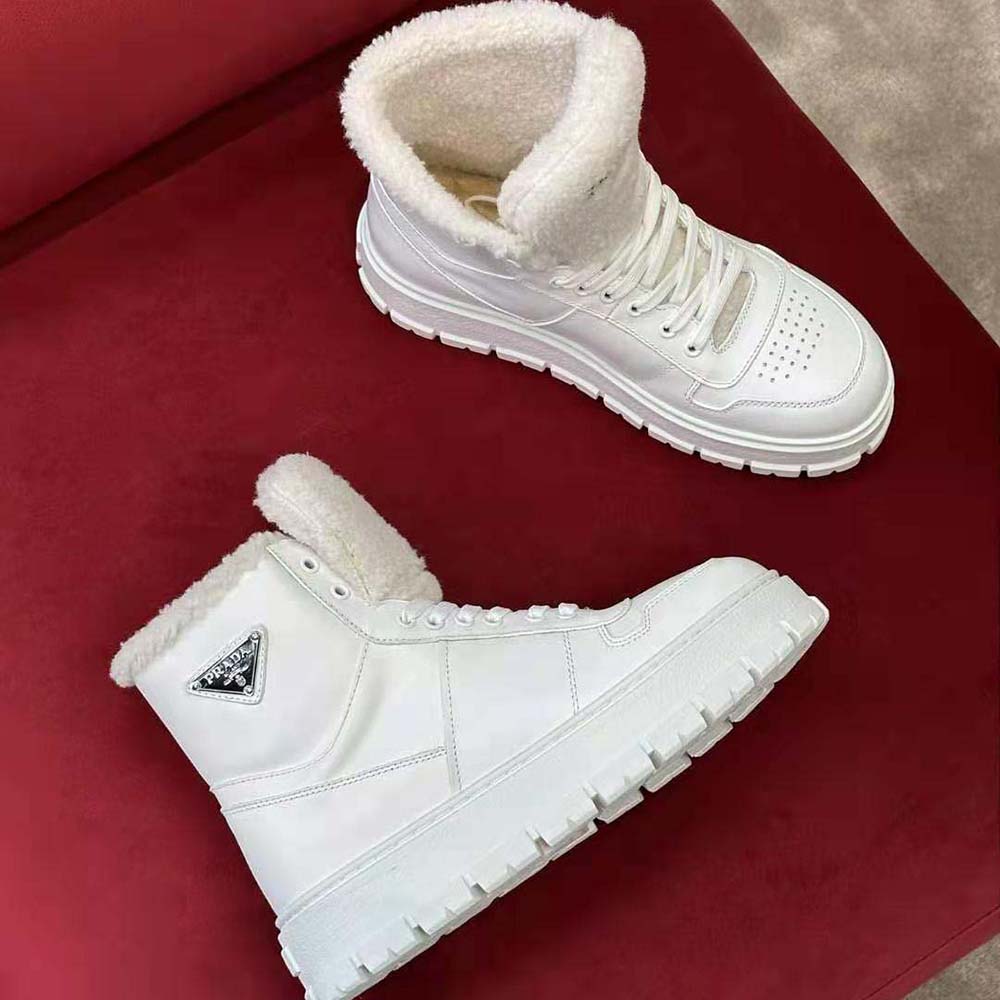 Prada Women Leather and Shearling High-Top Sneakers-White - image 4