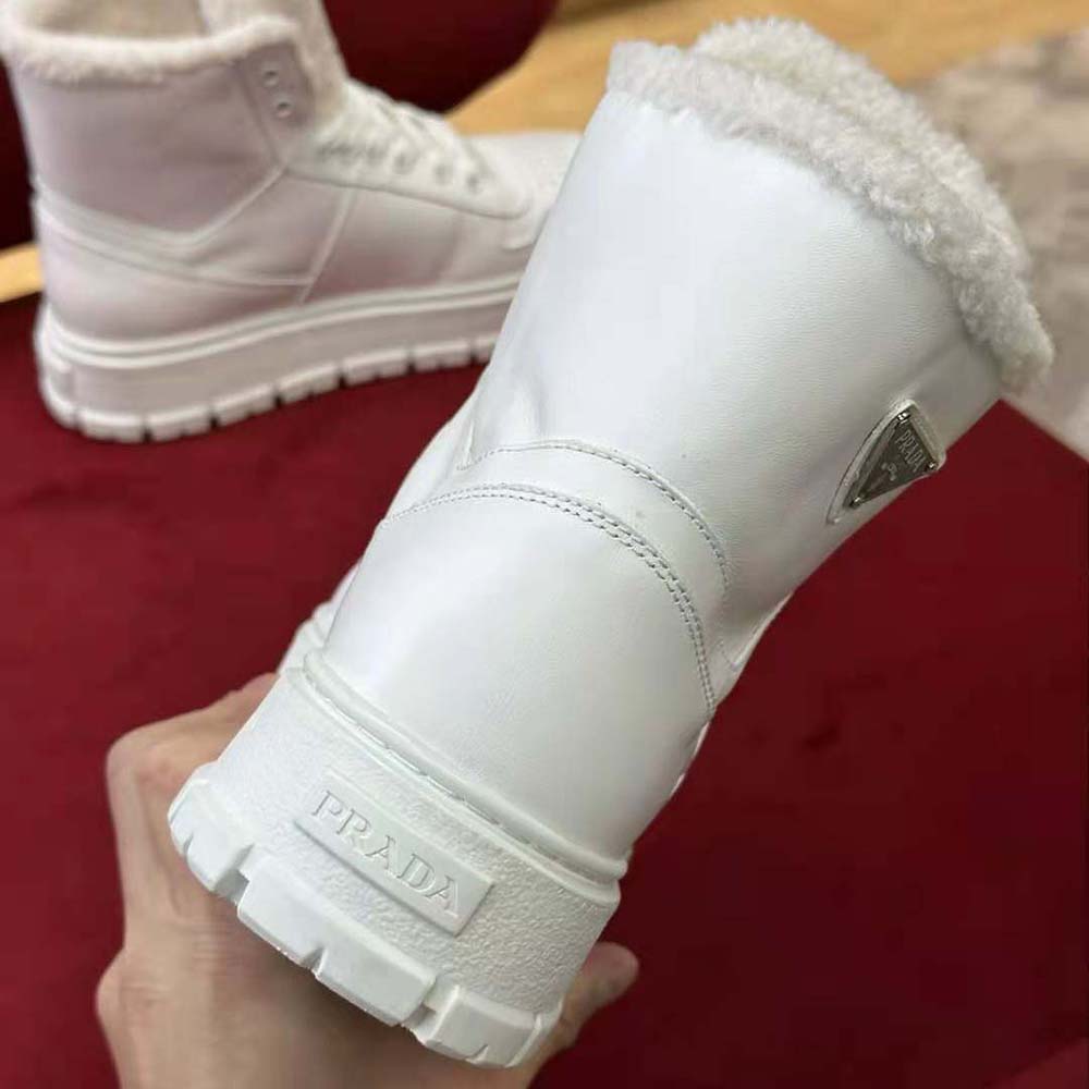 Prada Women Leather and Shearling High-Top Sneakers-White - image 7