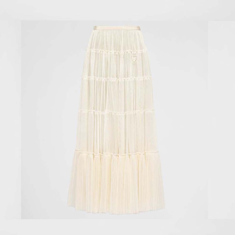 Front view of Prada Women Long Pleated Tulle Skirt-White flowing