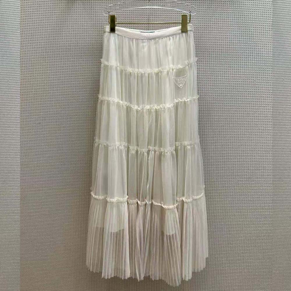 Close-up on pleated tulle detail of Prada Women Long Pleated Tulle Skirt-White