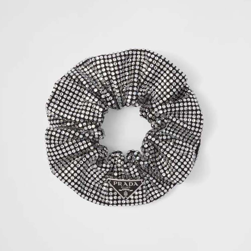 Close-up of Prada Women Luminous Crystals Embellish Satin Scrunchie showing crystal detail