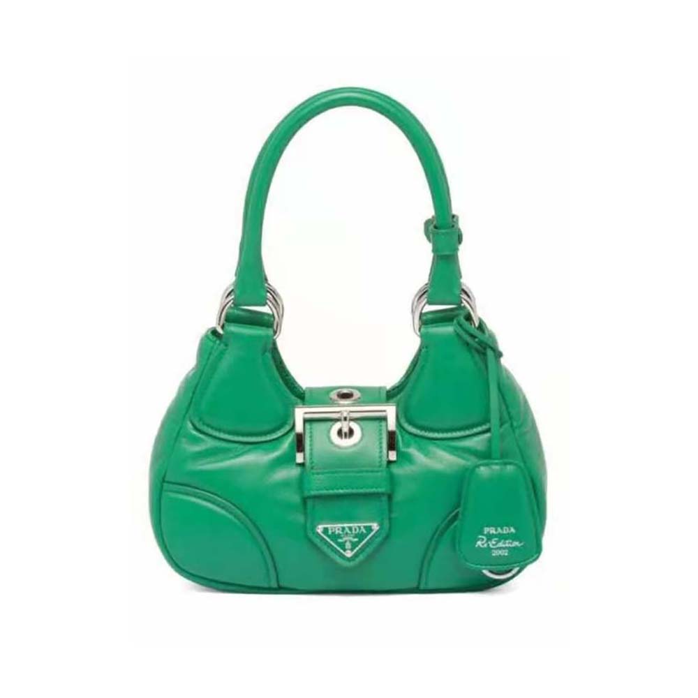 Front view of Prada Women Moon Re-Nylon and Leather Bag-Green showing flap closure