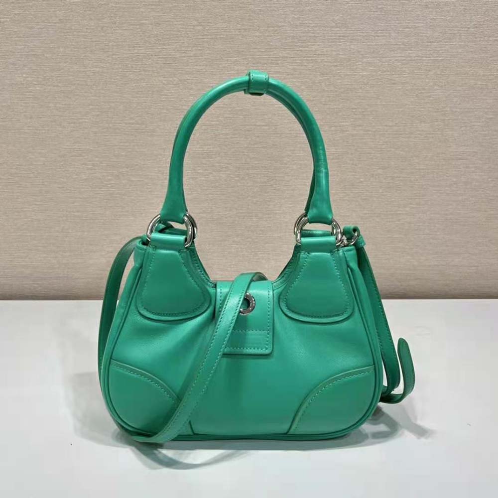 Side angle of Prada Women Moon Re-Nylon and Leather Bag-Green with adjustable strap