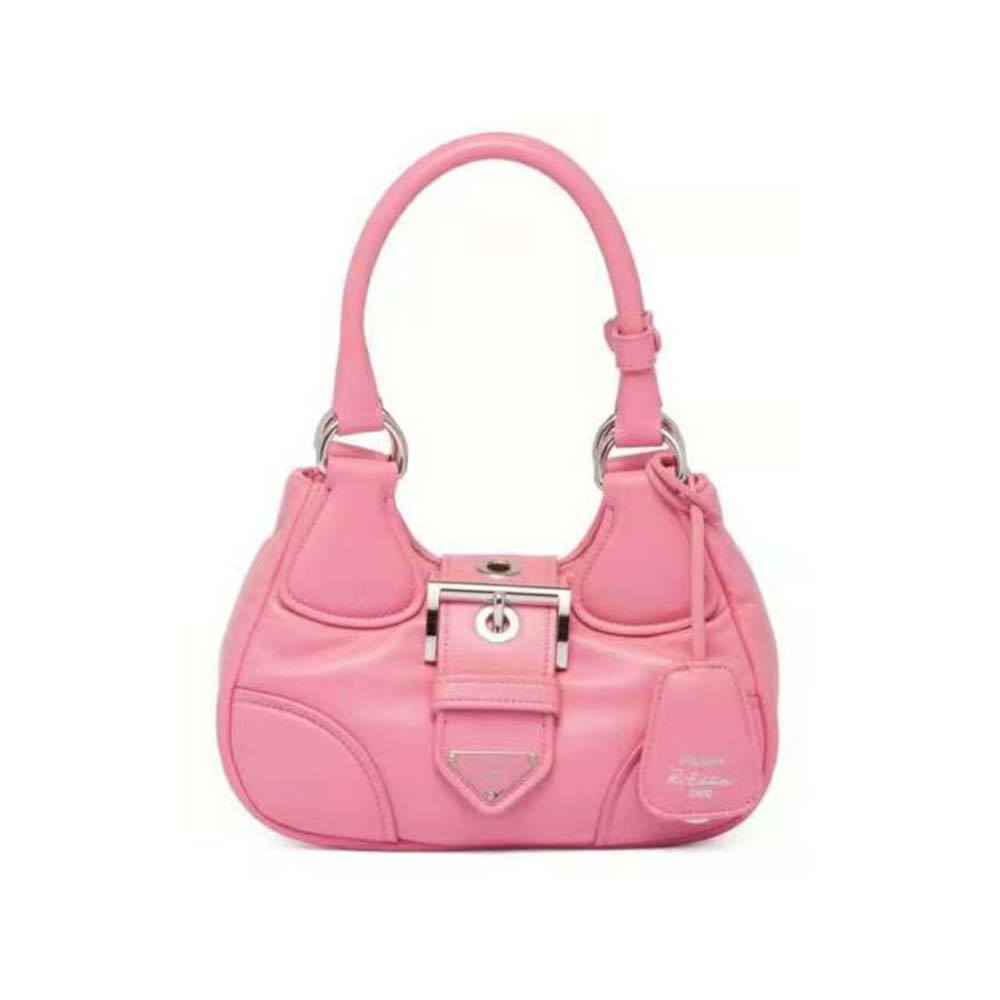Front view of Prada Women Moon Re-Nylon and Leather Bag-Pink