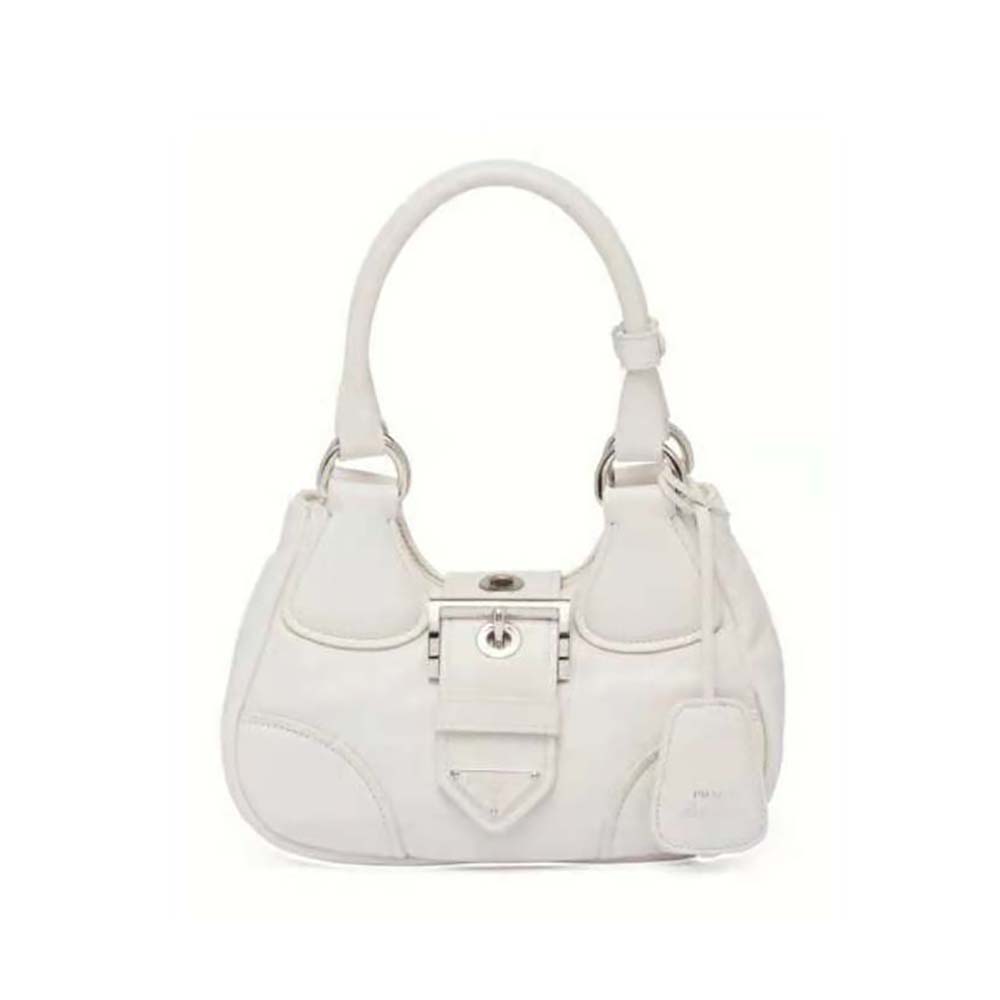 Front view of Prada Women Moon Re-Nylon and Leather Bag-White