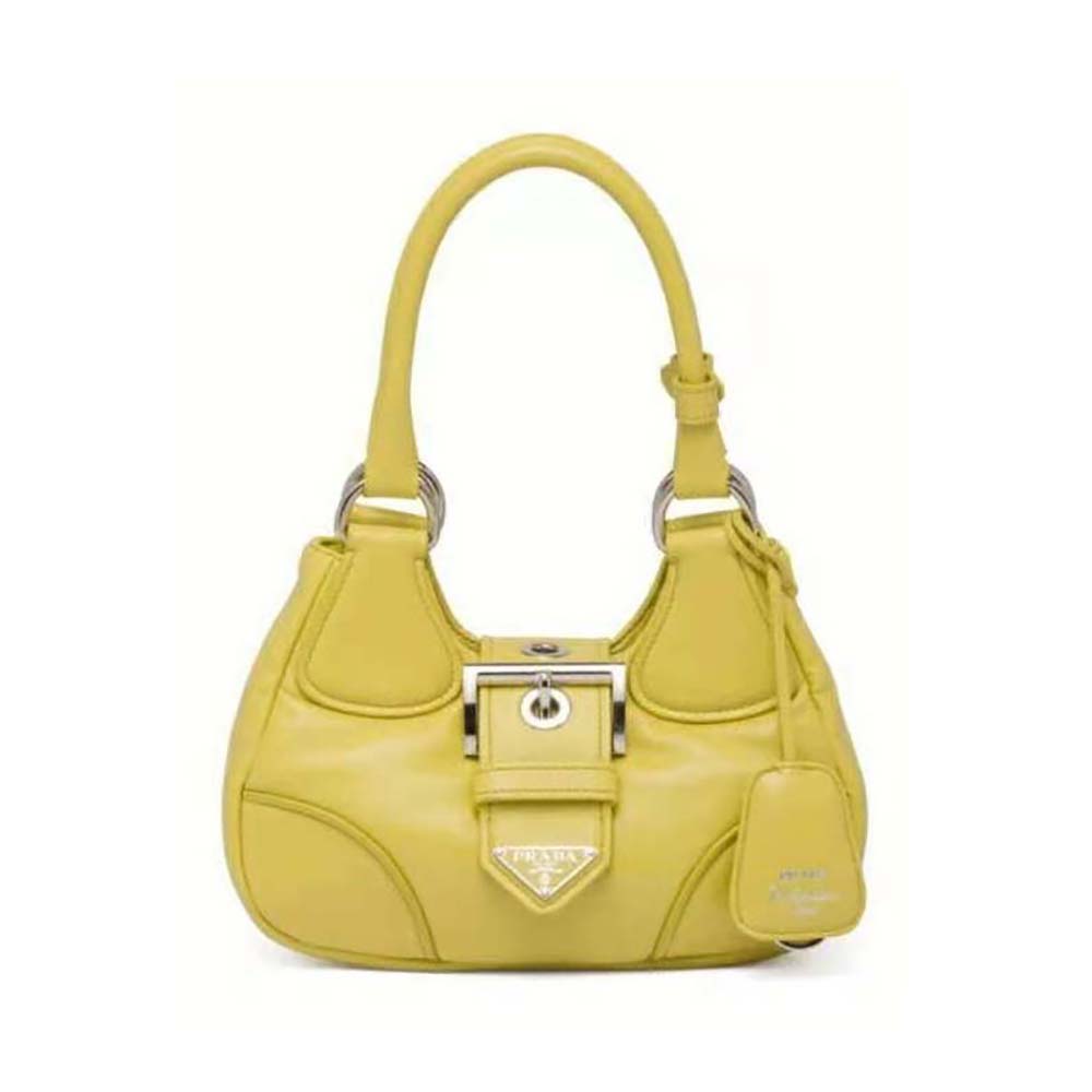 Front view of Prada Women Moon Re-Nylon and Leather Bag-Yellow with gold hardware
