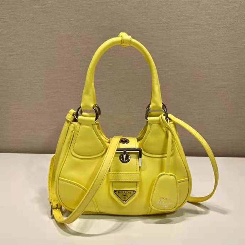 Close-up on the yellow leather trim and zip closure on Prada Women Moon Bag