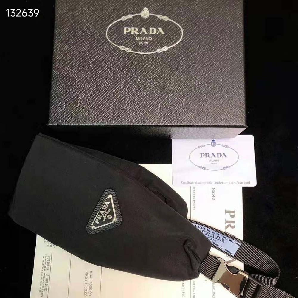 Close-up of Prada logo plaque on Re-Nylon Headband-Black