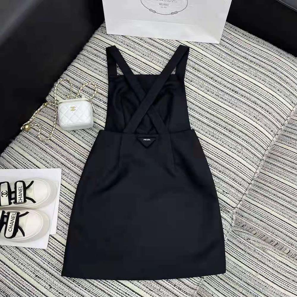 Side angle showing silhouette and stitching detail on Prada Women Re-Nylon Overall Dress-Black