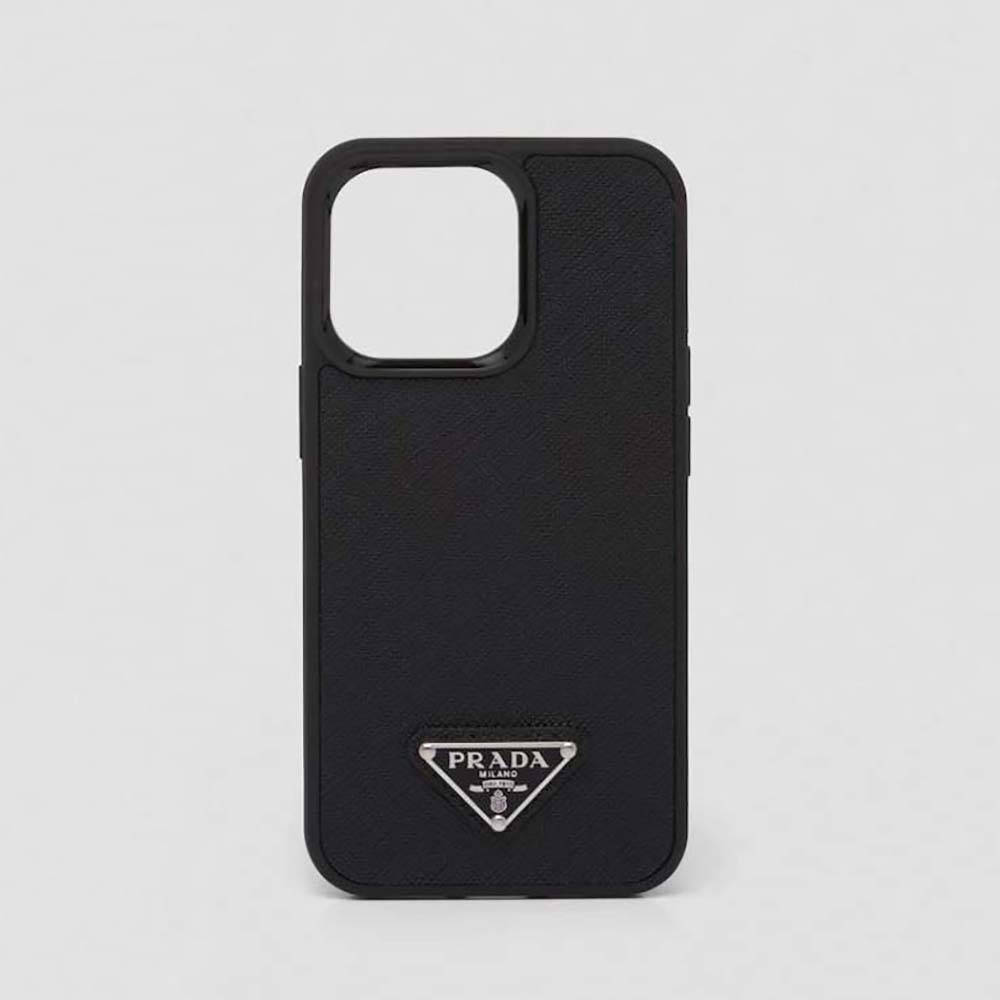 Front view of Prada Women Saffiano Leather Apple iPhone Cover-Black