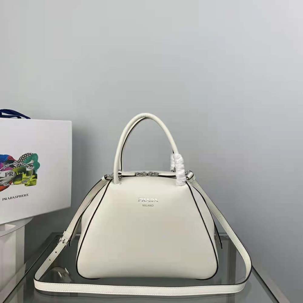 Close-up of silver-tone hardware on Prada Women Small Leather Prada Supernova Handbag-White