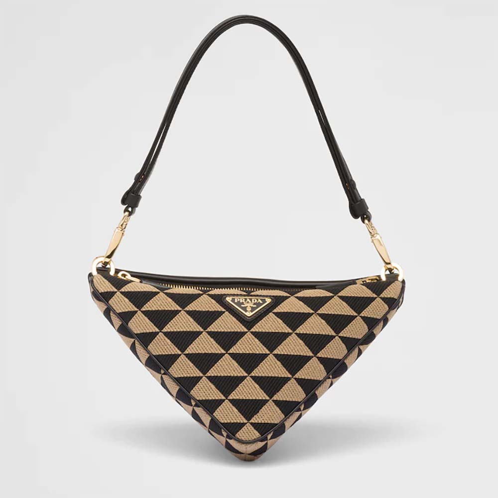 Front view of Prada Women Symbole Leather and Fabric Mini Bag Black Beige