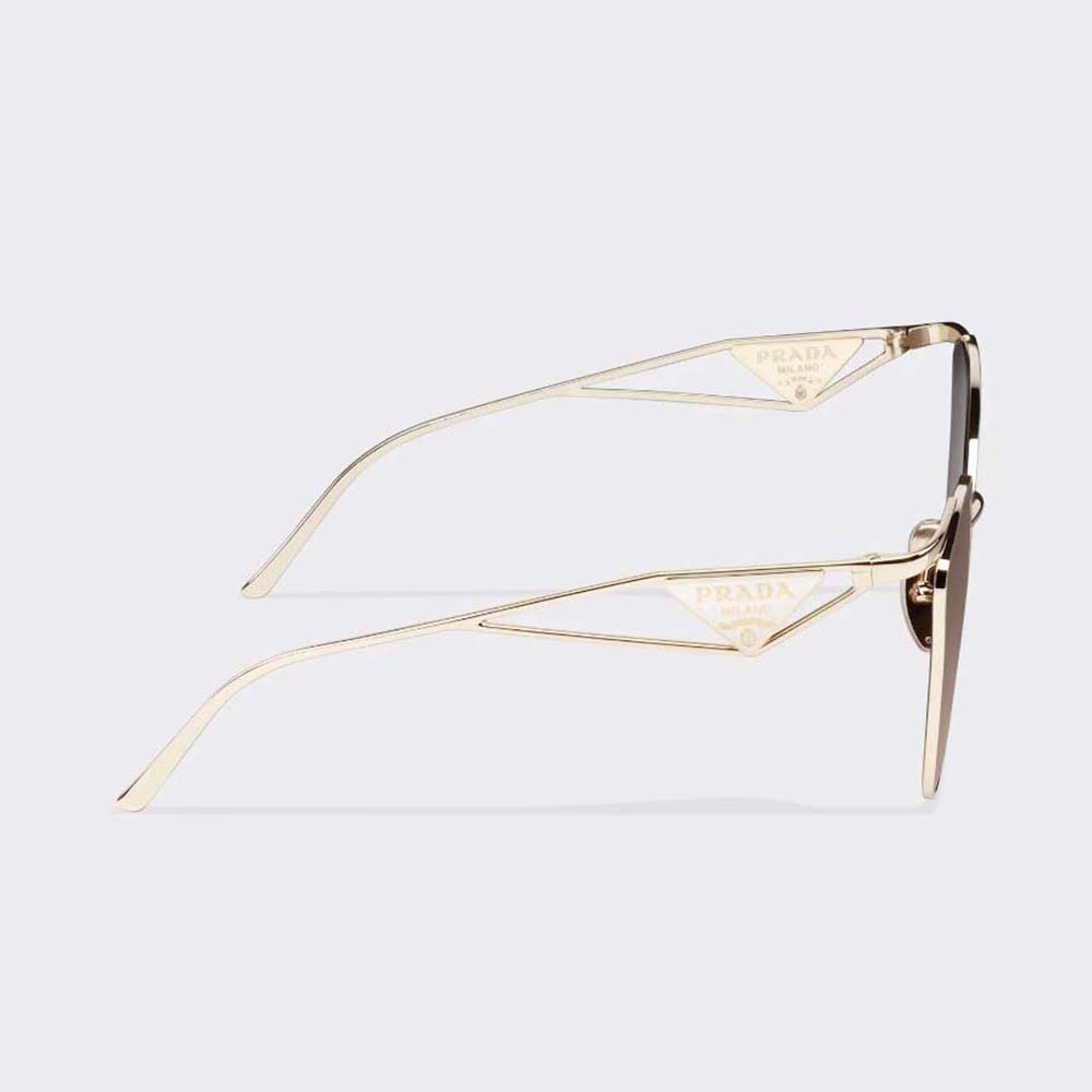Side profile showing curved temples of Prada Women Symbole Sunglasses brown