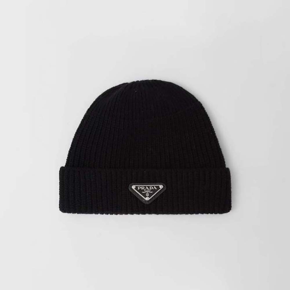 Front view of Prada Women Wool and Cashmere Beanie-Black showing silhouette