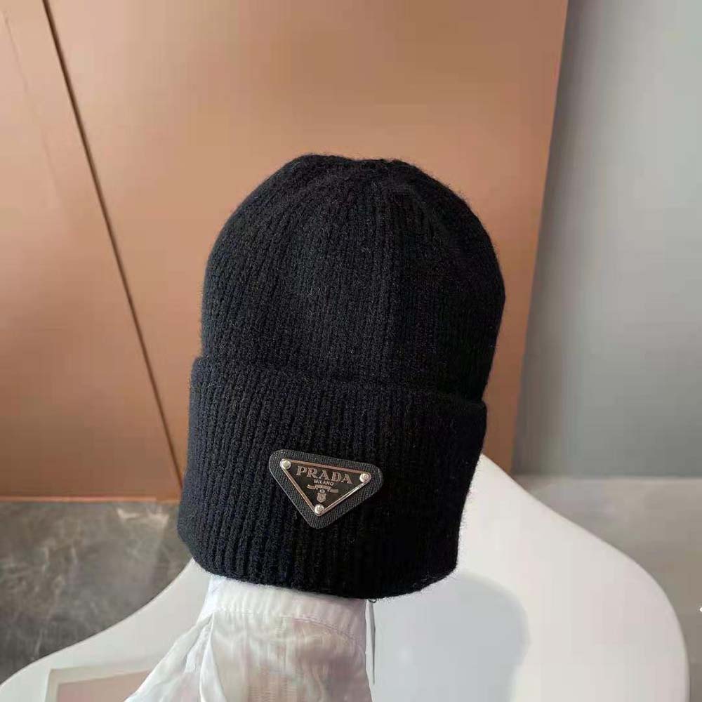 Side angle of Prada Women Wool and Cashmere Beanie-Black highlighting fabric texture