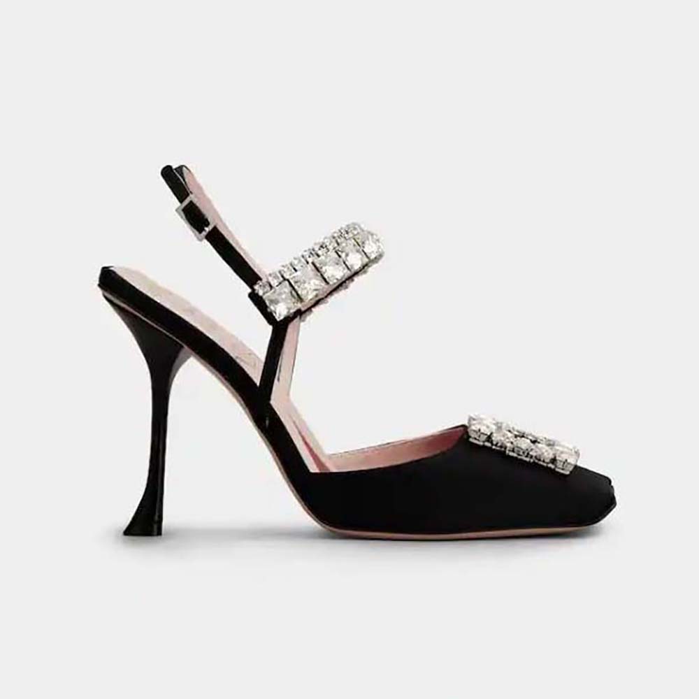 Side profile of Roger Vivier Women Slingback Pumps Rhinestone Buckle in Satin-Black