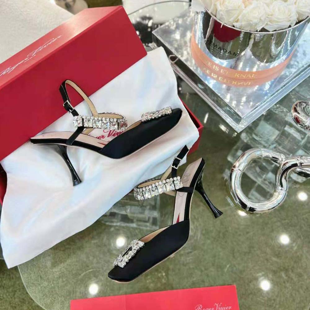 Roger Vivier Women Slingback Pumps Rhinestone Buckle in Satin-Black - image 4