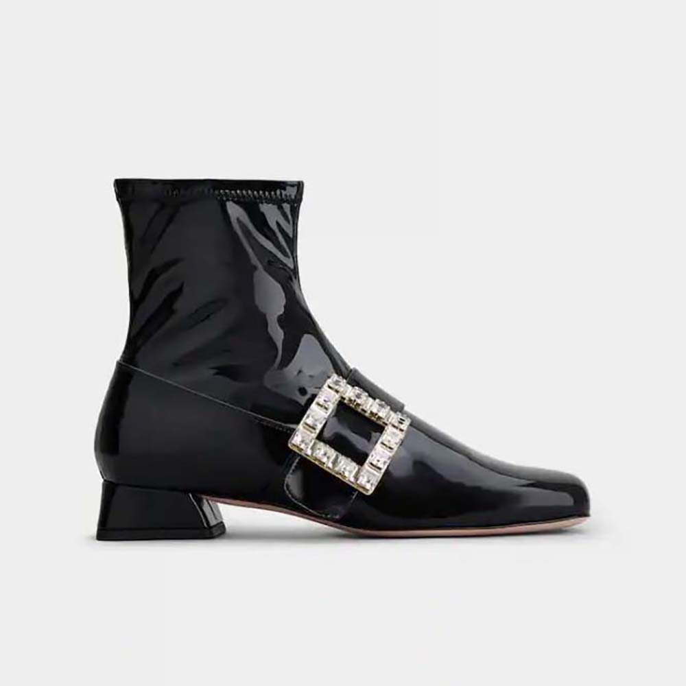 Side view of Roger Vivier Women Très Vivier Babies Strass Buckle Stretch Boots patent leather black