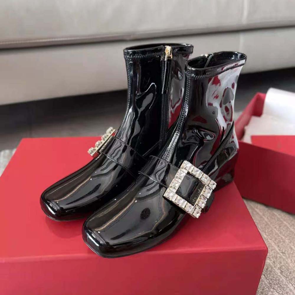 Roger Vivier Women Très Vivier Babies Strass Buckle Strech Boots in Patent Leather-Black - image 4