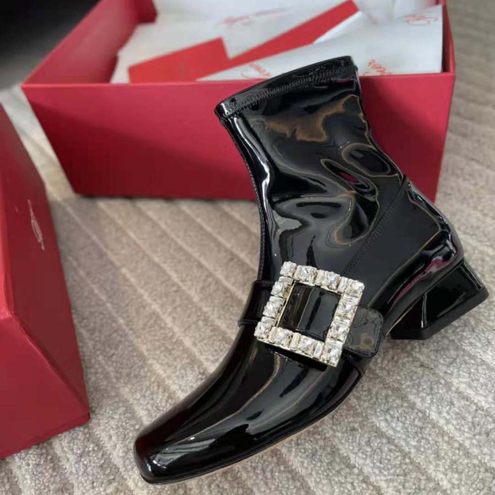 Roger Vivier Women Très Vivier Babies Strass Buckle Strech Boots in Patent Leather-Black - image 6