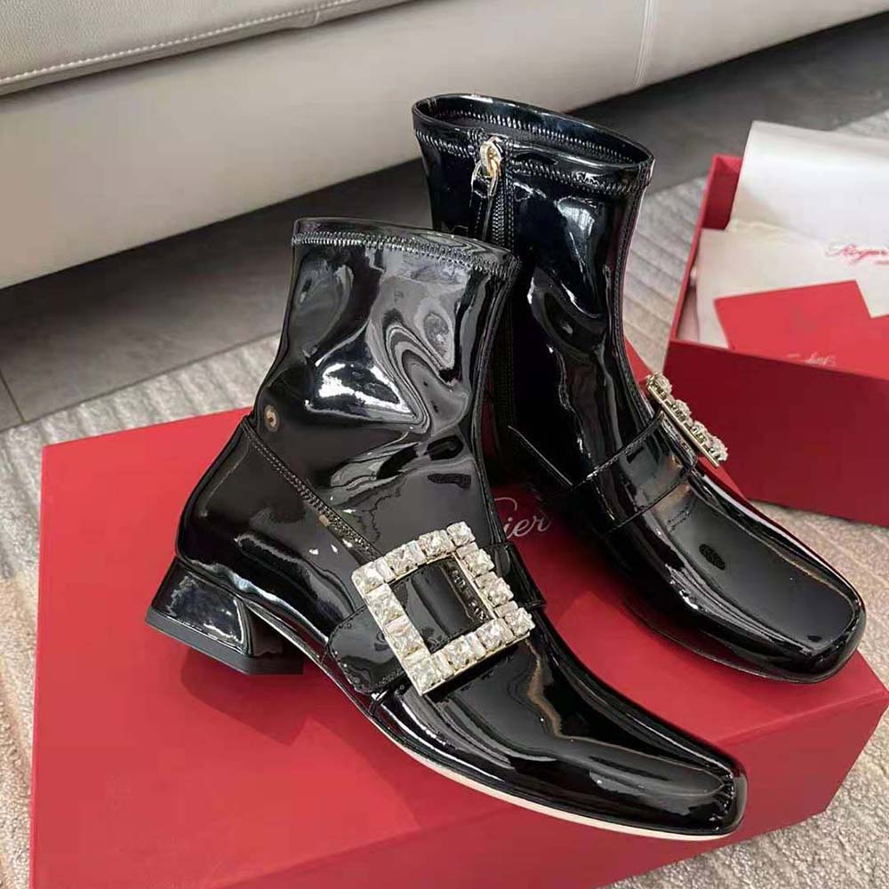 Roger Vivier Women Très Vivier Babies Strass Buckle Strech Boots in Patent Leather-Black - image 5
