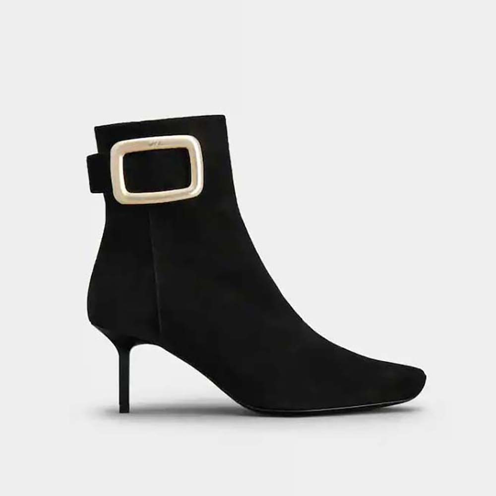 Side profile of Roger Vivier Women Viv’ Choc Metal Buckle Booties in Suede-Black