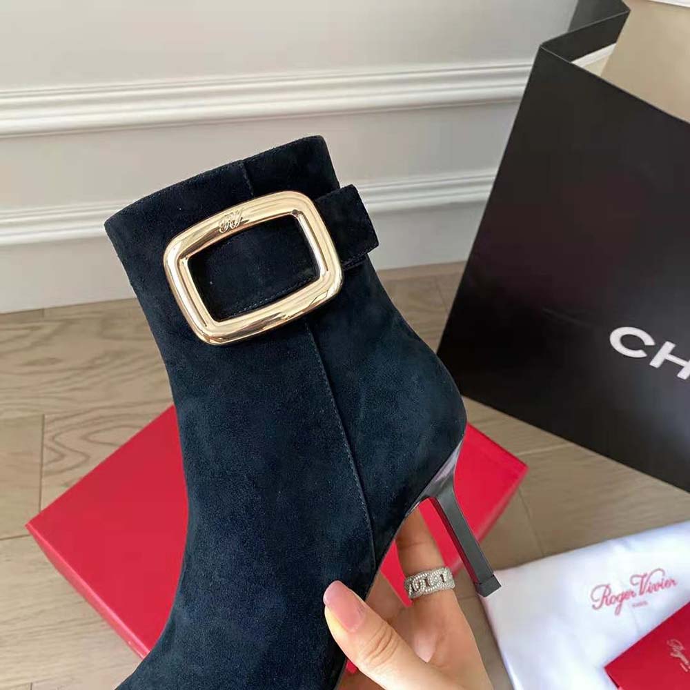 Roger Vivier Women Viv’ Choc Metal Buckle Booties in Suede-Black - image 8