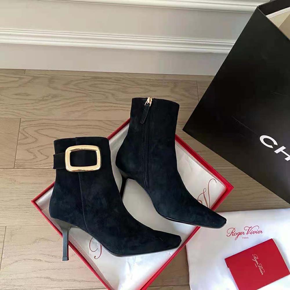 Roger Vivier Women Viv’ Choc Metal Buckle Booties in Suede-Black - image 4