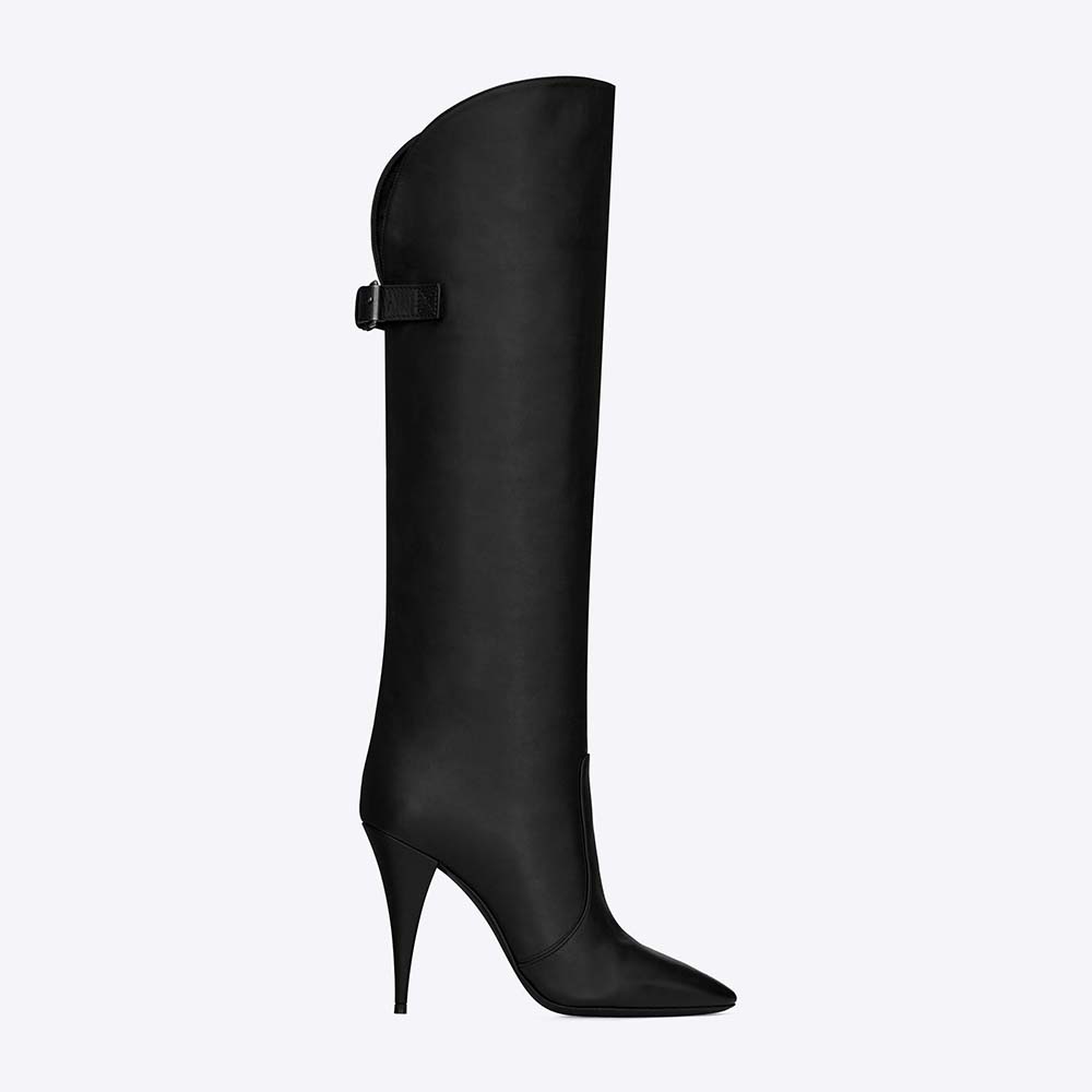 Side view of Saint Laurent YSL Women Harper Boots in black leather