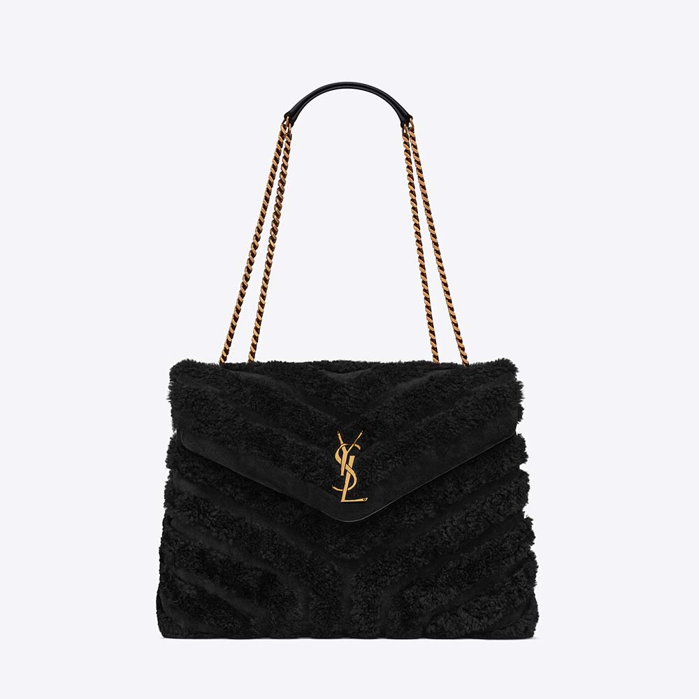 Front view of Saint Laurent YSL Women Loulou Medium Chain Bag in black shearling and suede