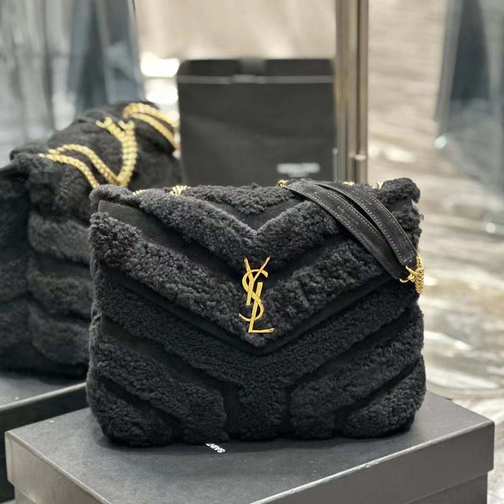 Close-up of quilted ‘Y’ shearling and suede patchwork detail on bag
