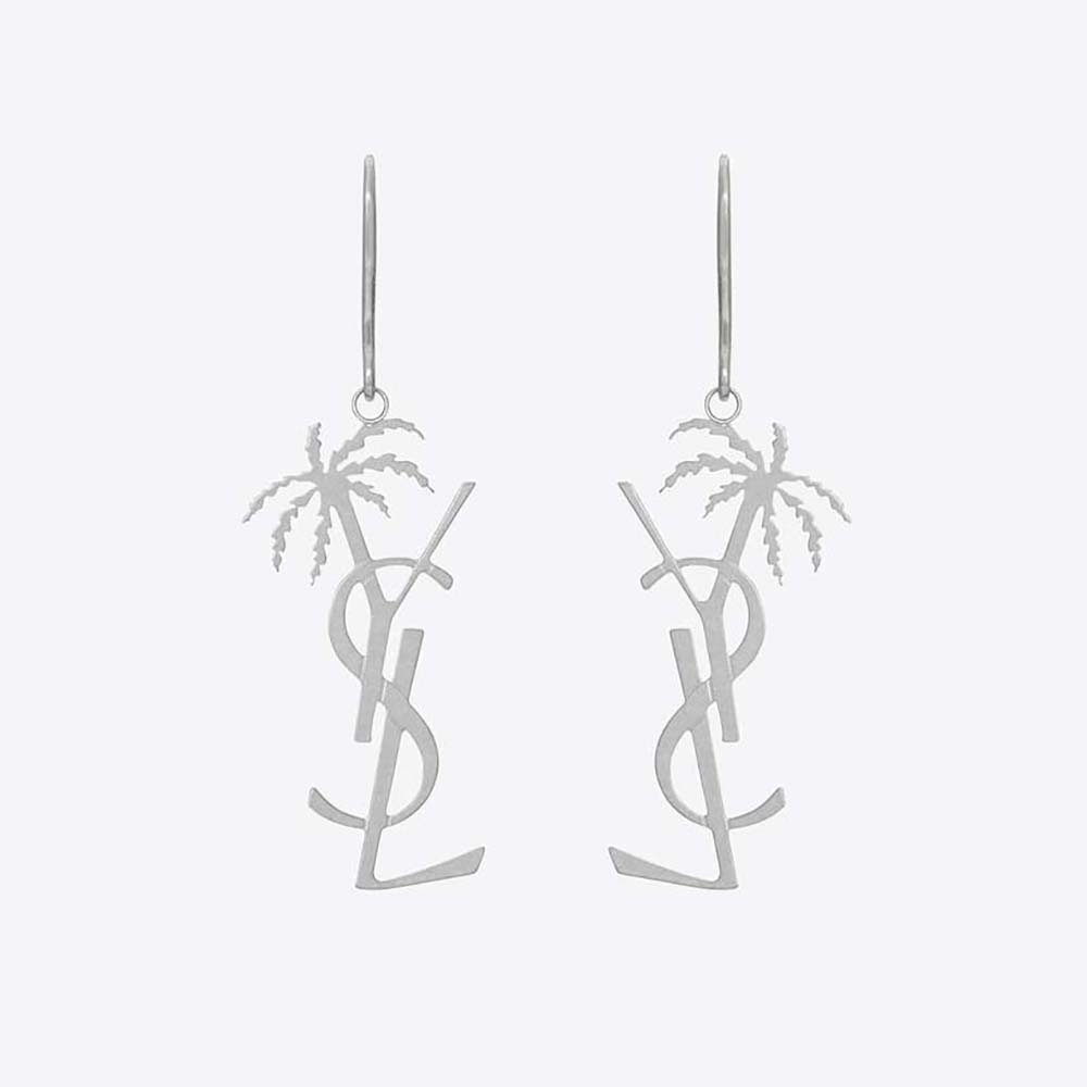 Close-up of Saint Laurent YSL Women Monogram Palm Earrings in silver metal