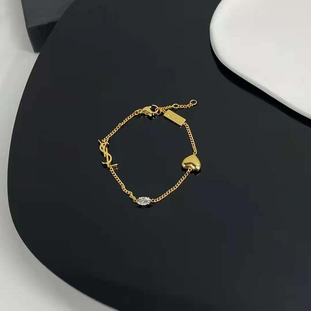 Side angle showing adjustable chain on Saint Laurent YSL Opyum Heart Charm Bracelet