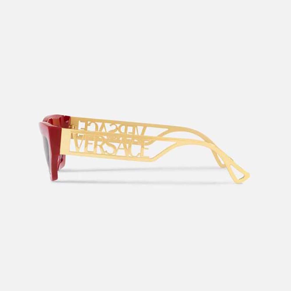 Side angle showing red acetate frame and temple details on Versace sunglasses