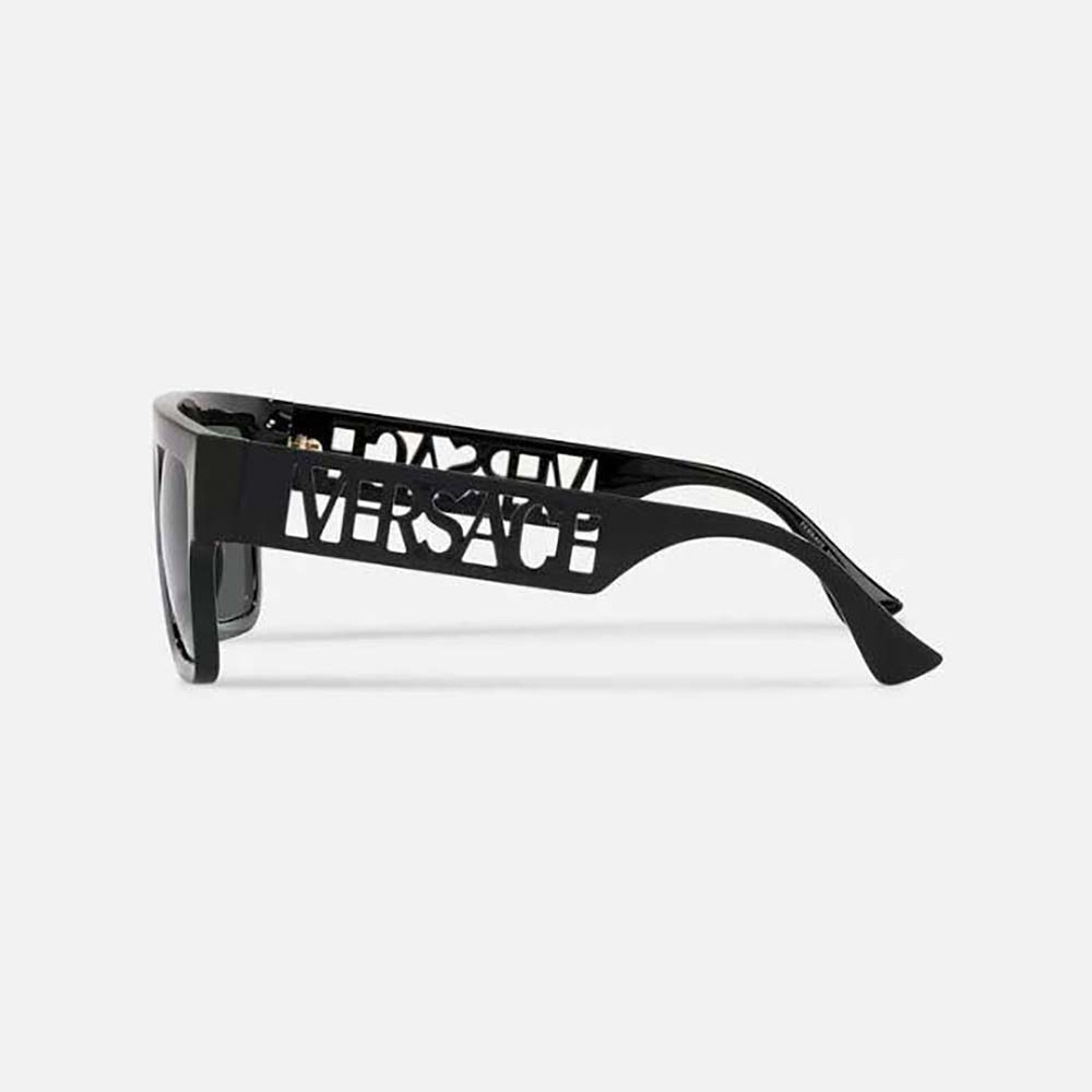 Side angle of Versace Women 90s Vintage Logo Sunglasses-Black highlighting oversized silhouette