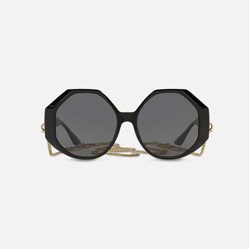 Front view of Versace Women Greca Sunglasses-Black with oversized square frame