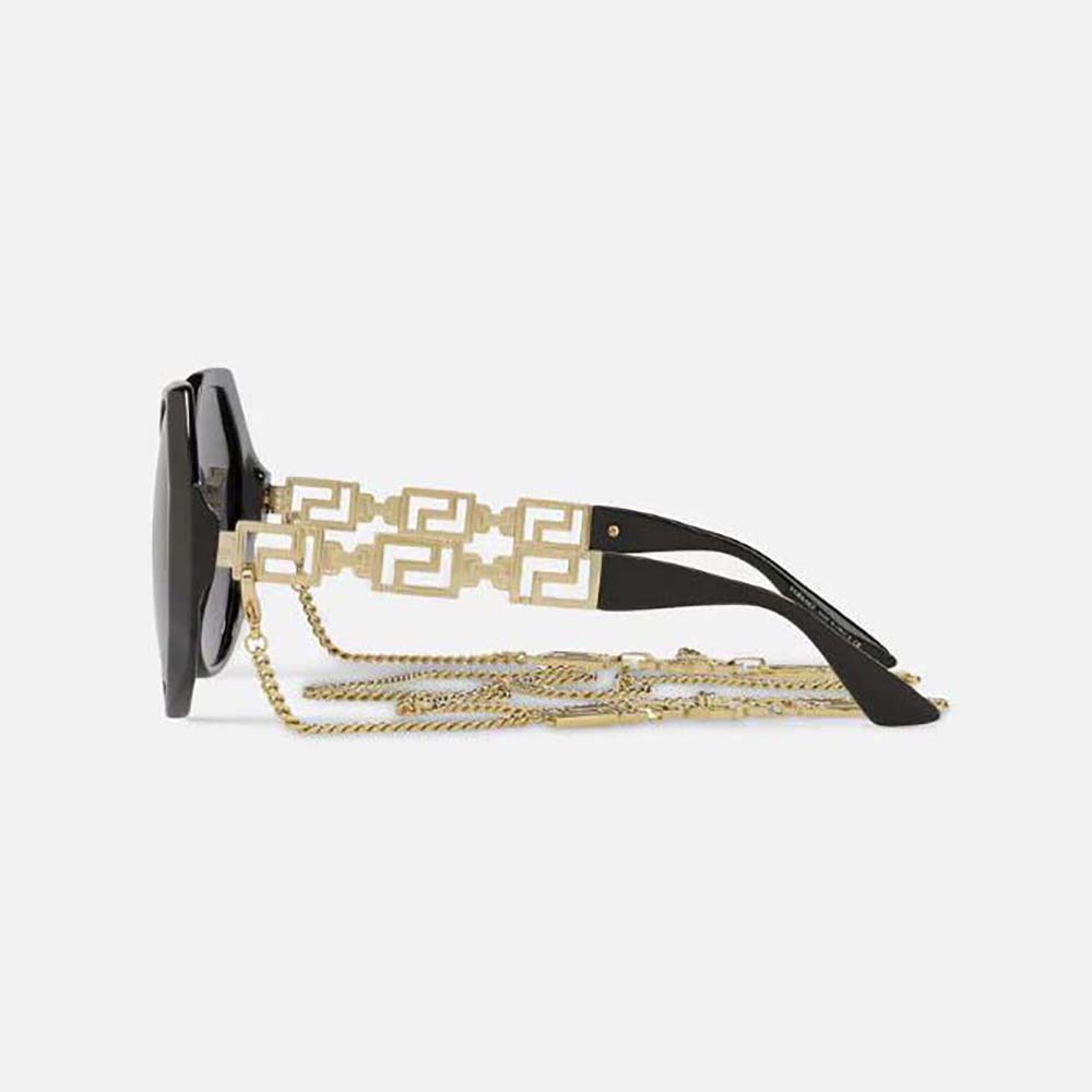 Side angle highlighting glossy black acetate of Versace Women Greca Sunglasses-Black